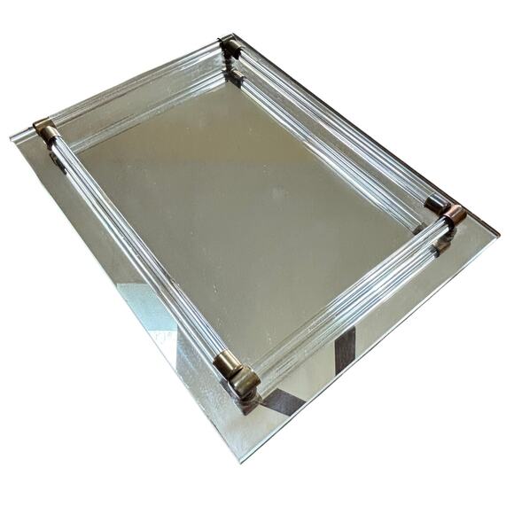 Vintage mirror vanity tray lucite rod gallery gold hardware mid century modern - Picture 2 of 9